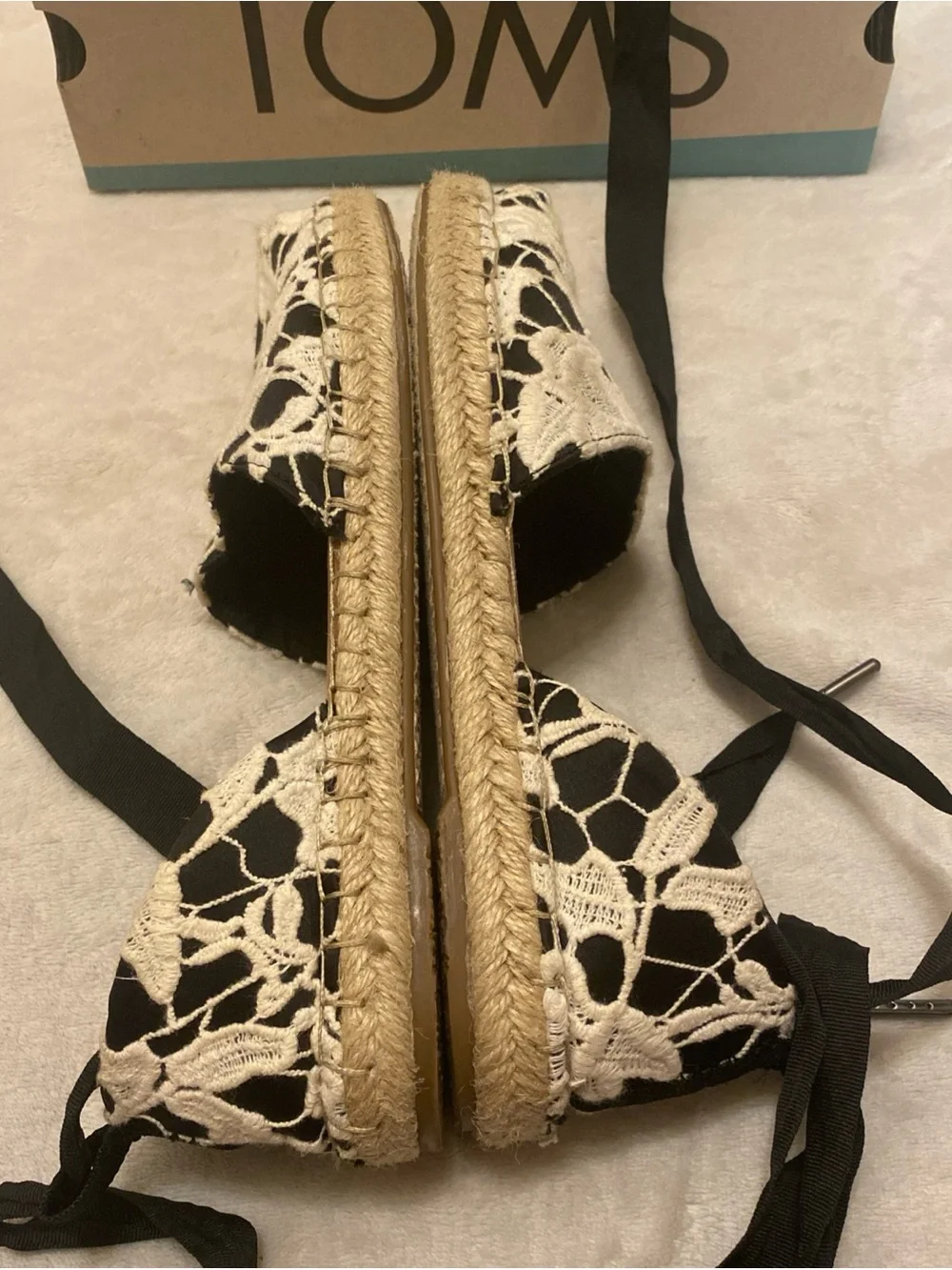 Toms Katalina Black and Ivory Crochet Floral Lace Ankle Tie Espadrilles